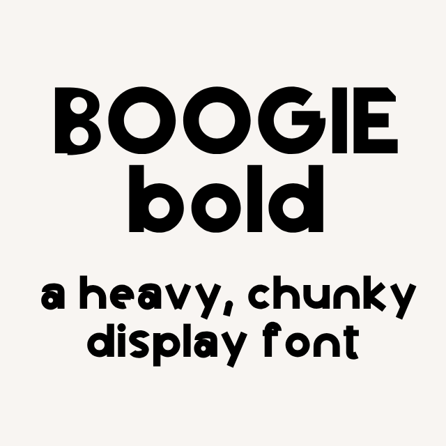 Boogie Bold chunky retro display font alphabet shown in black on a cream background