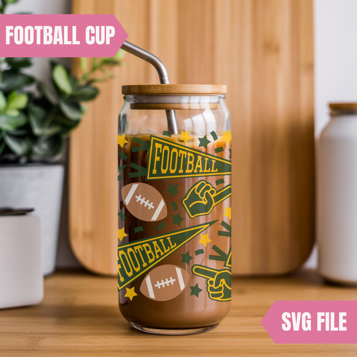 Football can glass wrap SVG applied to a 16 oz glass can cup with green and gold pennants, footballs and foam fingers