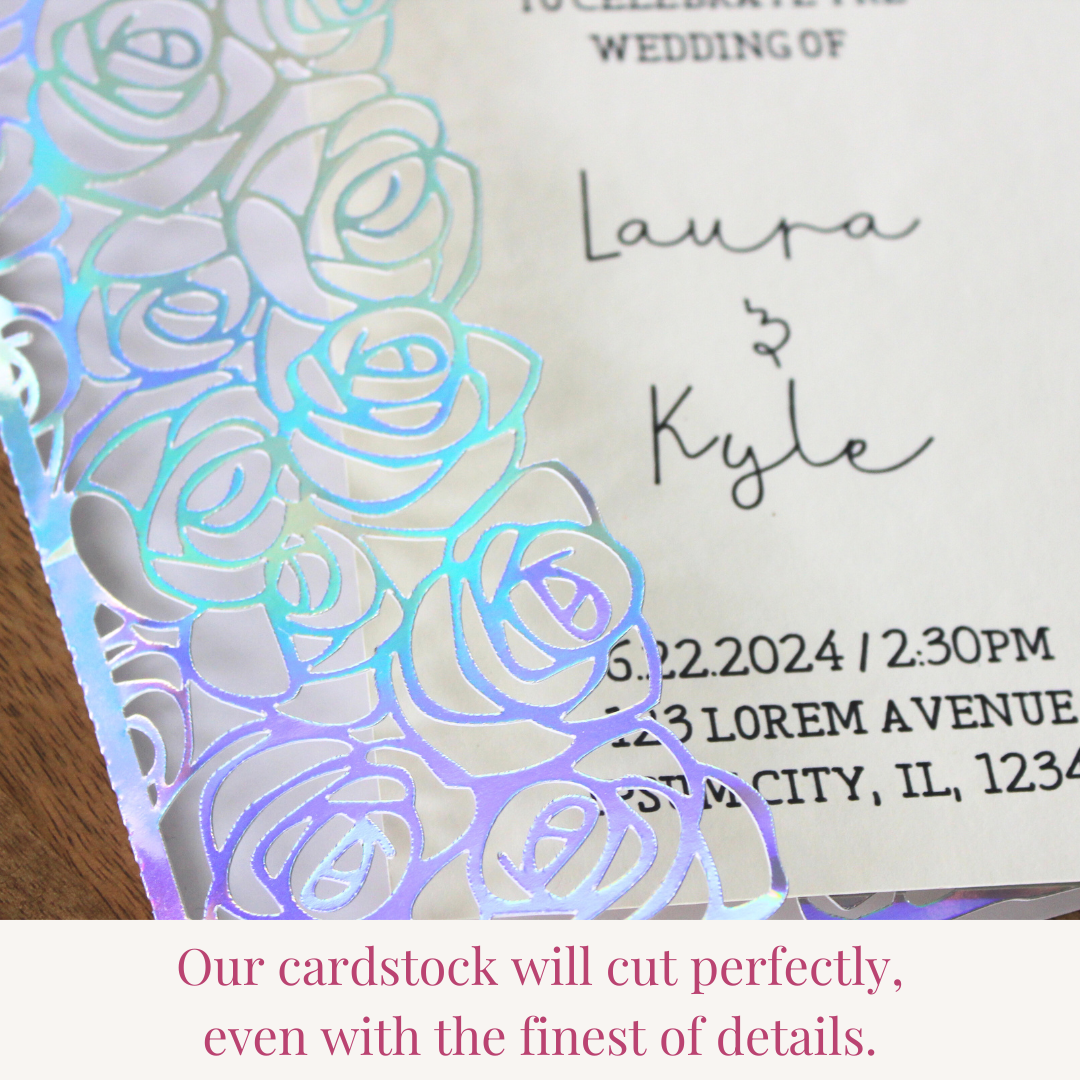 Wedding invitation card with floral design and text using holographic cardstock.