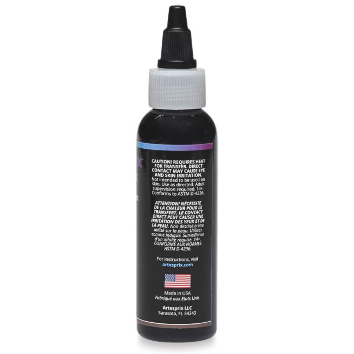 Back of an Artesprix sublimation ink bottle showing use and safety instructions