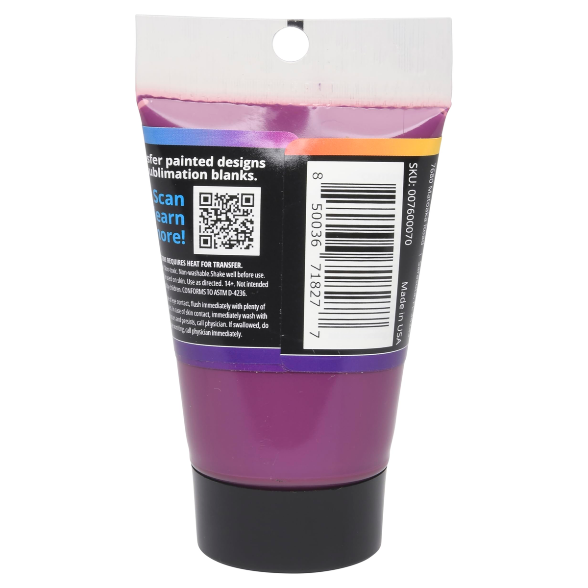 Back of the Artesprix purple sublimation acrylic paint tube showing safety information