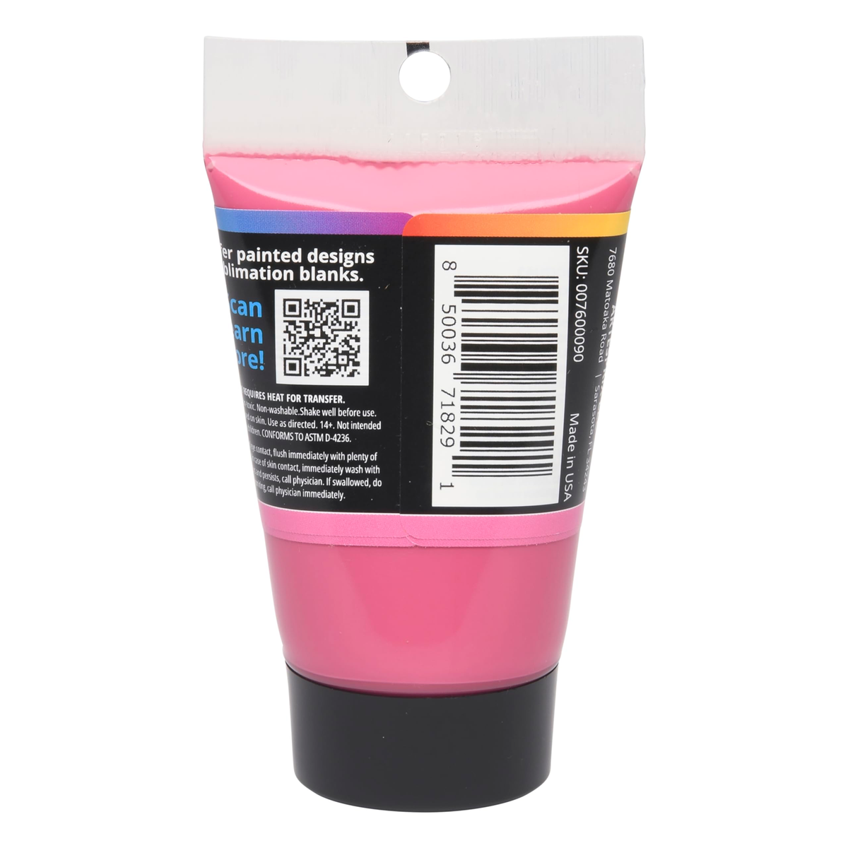Back of the Artesprix pink sublimation acrylic paint tube showing safety information