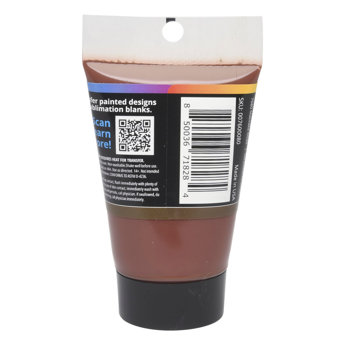 Back of the Artesprix brown sublimation acrylic paint tube showing safety information