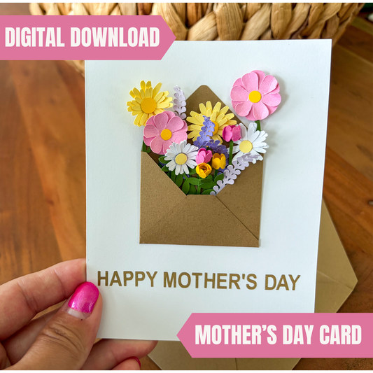 Mother's Day Flower Card SVG – 3D Paper Digital Download Flower Bouquet Envelope Card Cut File for Cricut, Silhouette & More