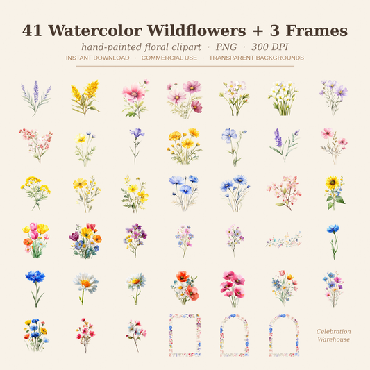 Watercolor Wildflower Clipart | 41 PNG Bundle + Frames Digital Download