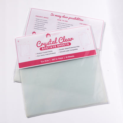 Crystal Clear acetate sheets 10-pack from Celebration Warehouse, 12x12 inch clear craft plastic sheets .007 inch thick in a bag with a pink header card