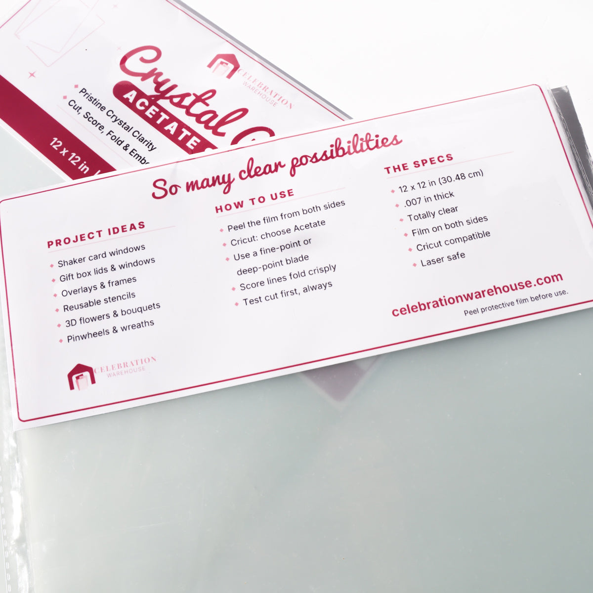 Back of the Crystal Clear acetate sheets header card with project ideas, how to use with Cricut, and specs: 12x12 inch, .007 inch thick, film on both sides