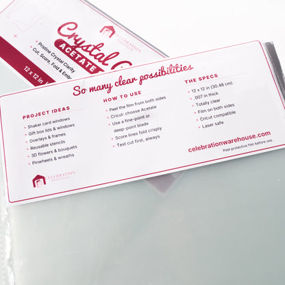 Back of the Crystal Clear acetate sheets header card with project ideas, how to use with Cricut, and specs: 12x12 inch, .007 inch thick, film on both sides