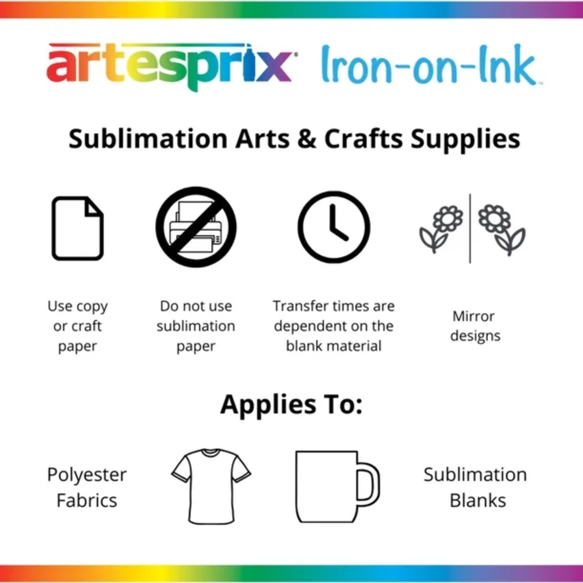 Artesprix Iron-on-Ink guide: use copy or craft paper, do not use sublimation paper, mirror designs, applies to polyester fabric and sublimation blanks