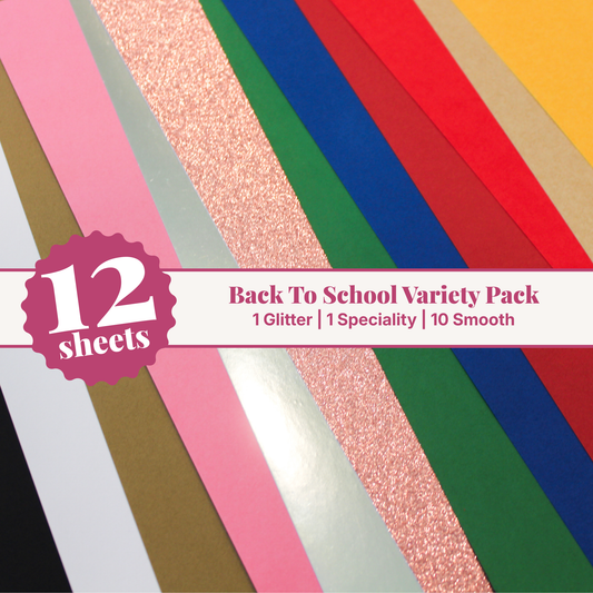 Back to school cardstock variety pack — 12 fanned 12x12 sheets with bubblegum glitter, silver specialty, and classic school color solids