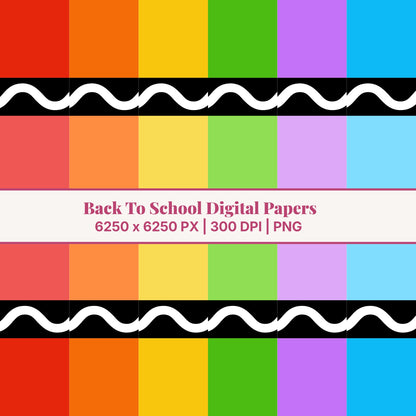 Six crayon wrapper digital papers in red, orange, yellow, green, purple, and blue with classic black and white wavy crayon stripe