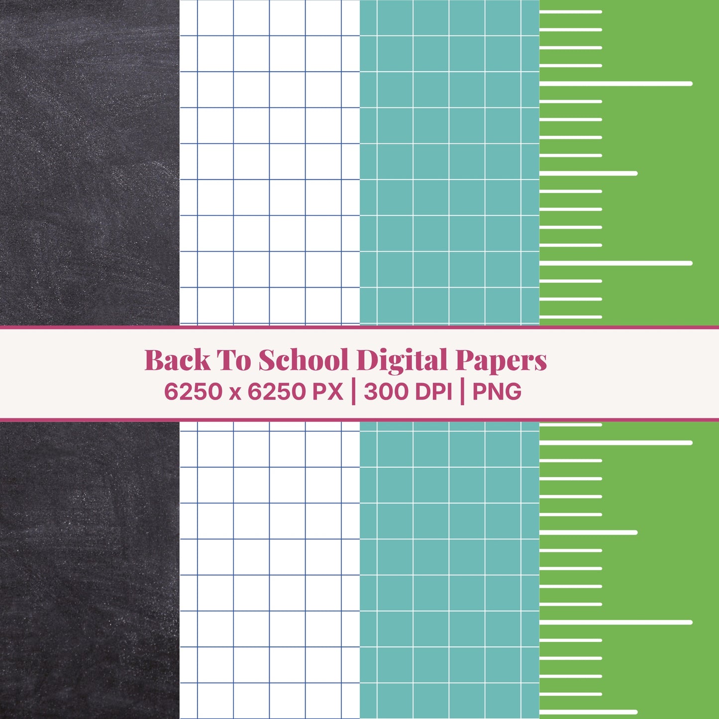 Back to school digital papers bundle with 15 designs including composition book, notebook paper, pencil, chalkboard, graph paper, ruler, and rainbow crayon patterns, 6250 x 6250 pixels 300 DPI PNG