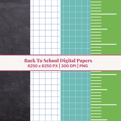 Back to school digital papers bundle with 15 designs including composition book, notebook paper, pencil, chalkboard, graph paper, ruler, and rainbow crayon patterns, 6250 x 6250 pixels 300 DPI PNG