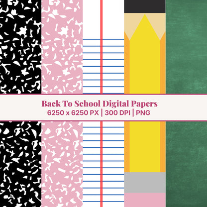 Close-up of school-themed digital papers: black and pink composition book patterns, lined notebook paper, yellow pencil, and green chalkboard texture