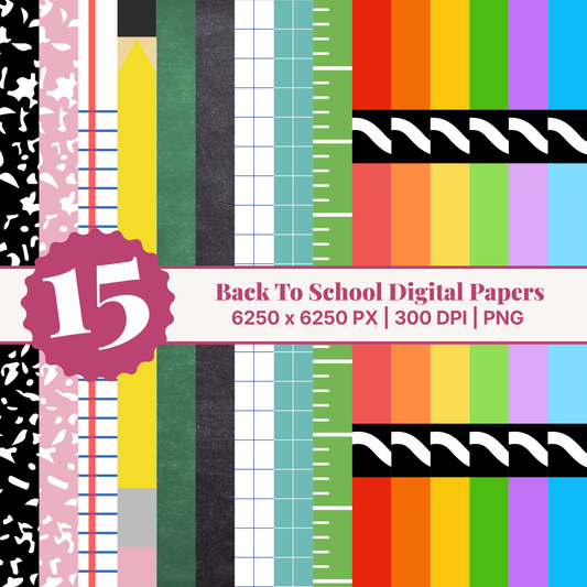 Back To School Digital Papers Bundle - 15 Designs - Digital Download