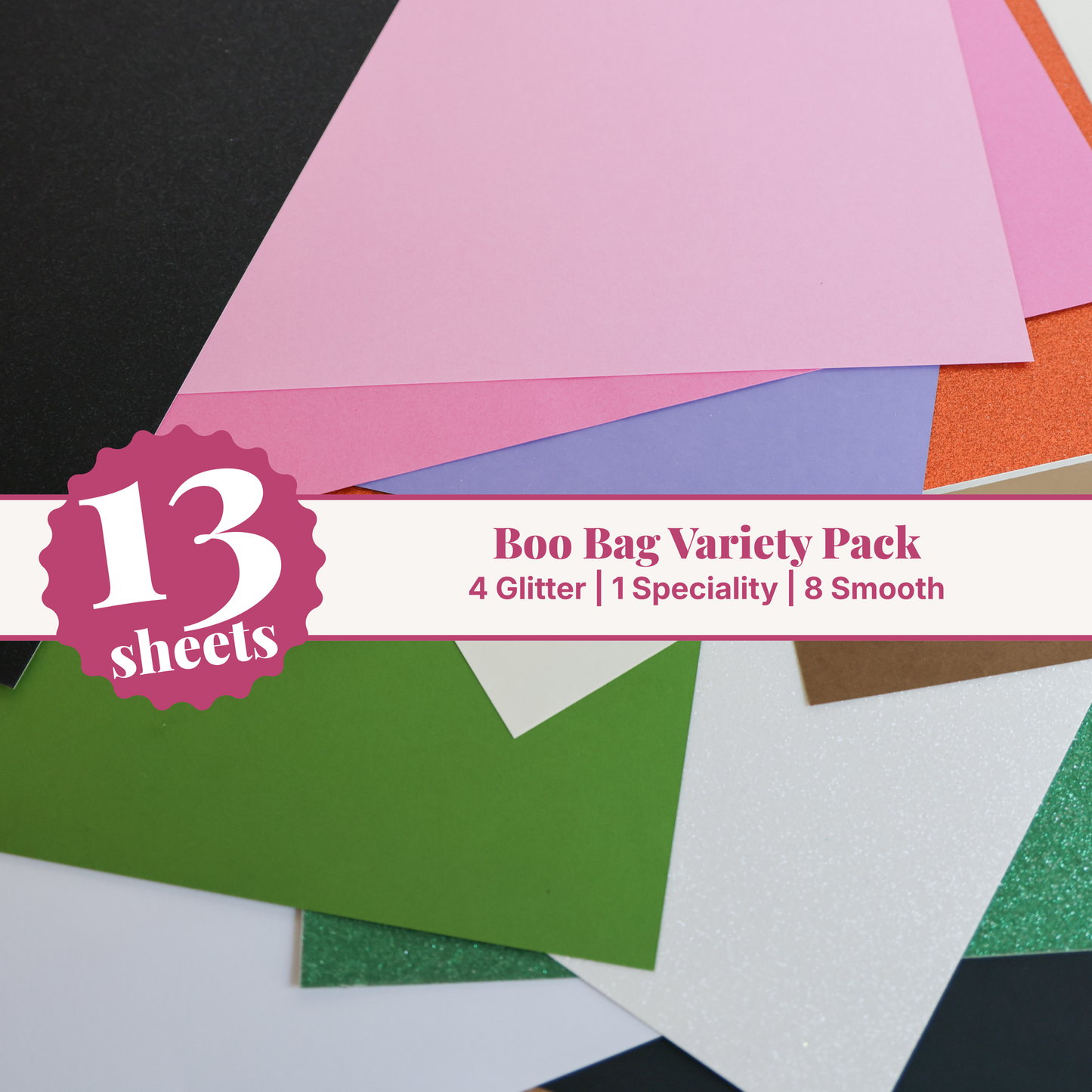Boo Bag cardstock variety pack, 13 fanned 12x12 sheets of Halloween glitter, mirror silver, and smooth cardstock