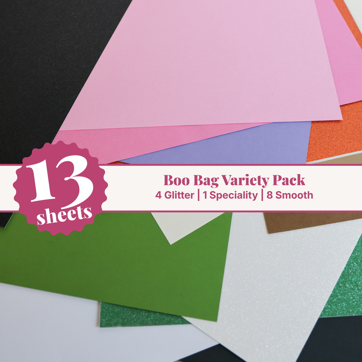 Boo Bag cardstock variety pack, 13 fanned 12x12 sheets of Halloween glitter, mirror silver, and smooth cardstock