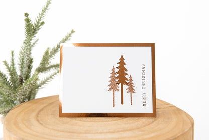 Modern metallic Christmas tree card with brown mirror and brown glitter cardstock trees on white