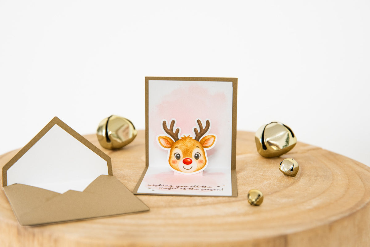 Mini pop-up reindeer Christmas card with a matching kraft cardstock envelope