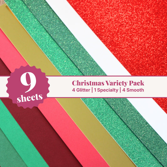 Christmas cardstock variety pack, 9 sheets of 12x12 cardstock with 4 glitter, 1 specialty, and 4 smooth sheets in red, green, gold, and white