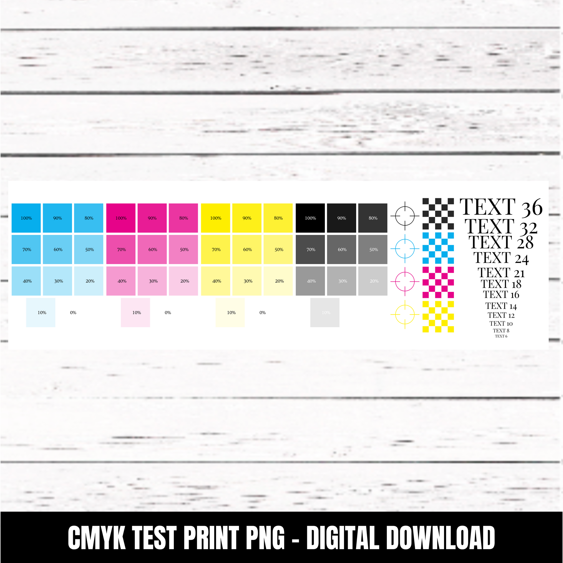 CMYK color test print on a wooden surface with text overlay