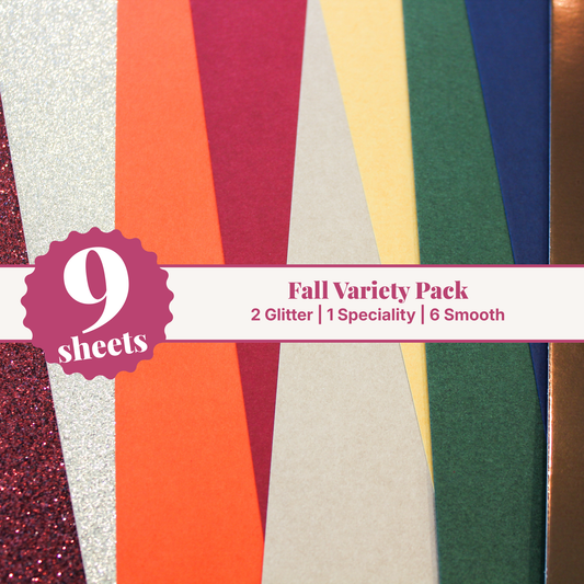 Fall cardstock variety pack — 9 fanned 12x12 sheets with dark red wine and champagne glitter, brown specialty, and autumn solids