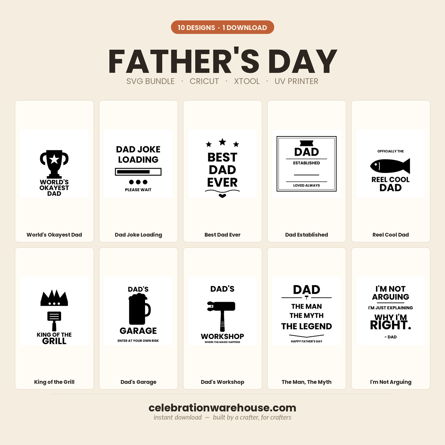 Father's Day SVG bundle preview of 10 cut files for Cricut, xTool and UV printers