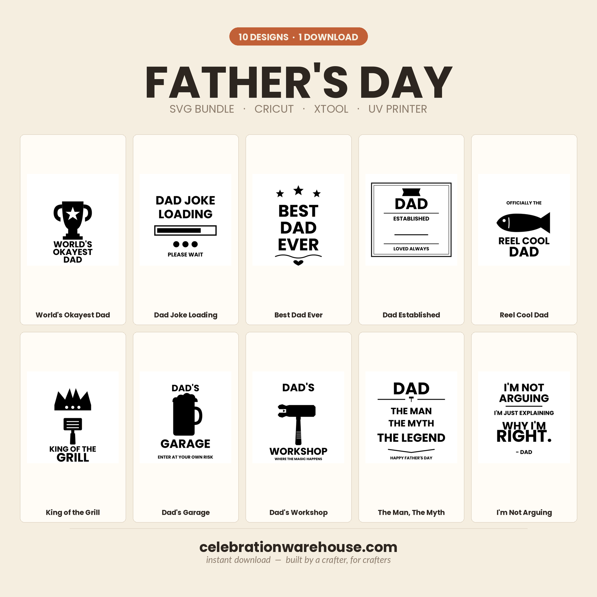 Father's Day SVG bundle preview of 10 cut files for Cricut, xTool and UV printers