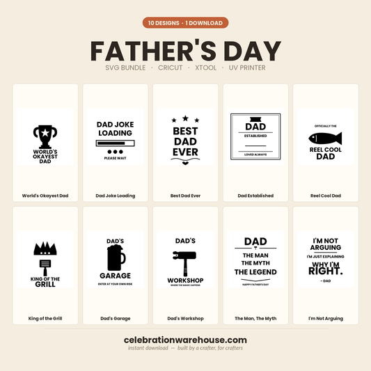 Father's Day SVG Bundle - 10 designs preview - World's Okayest Dad, Dad Joke Loading, Best Dad Ever, Dad Established, Reel Cool Dad, King of the Grill, Dad's Garage, Dad's Workshop, The Man The Myth The Legend, I'm Not Arguing
