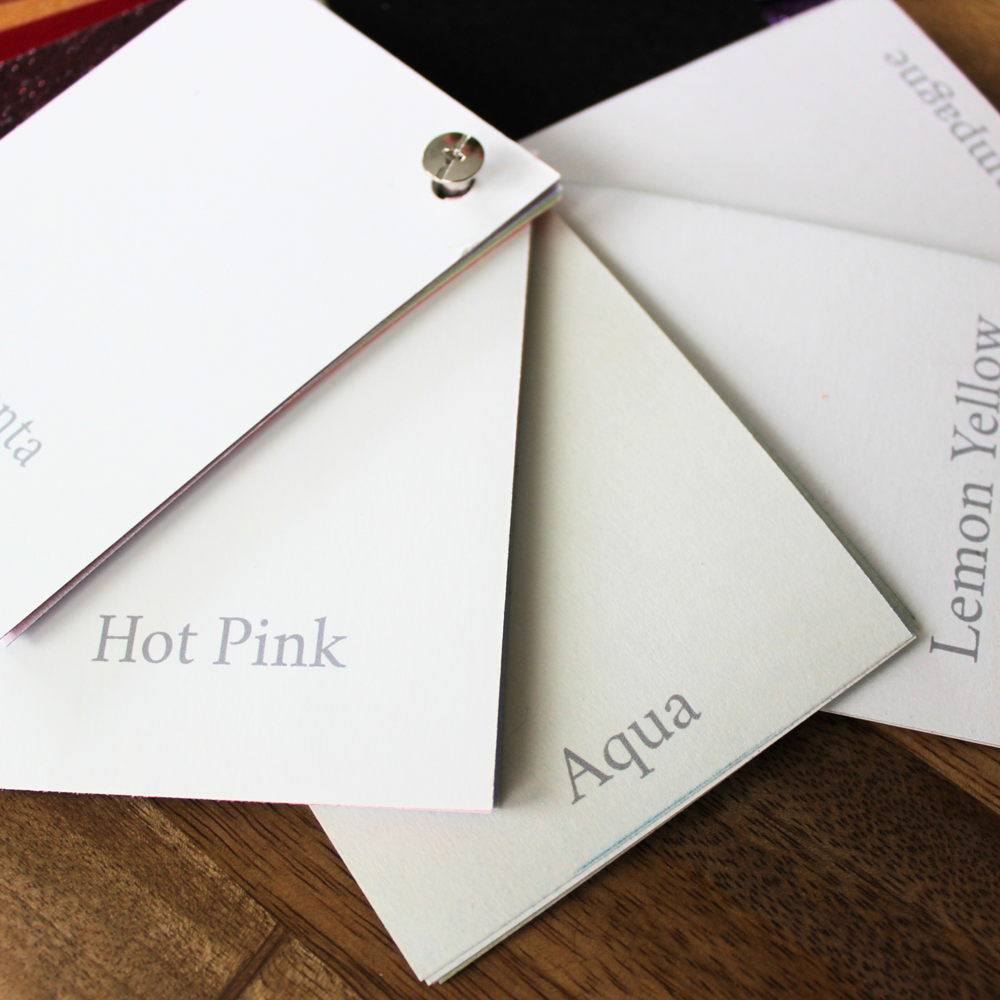 Glitter cardstock swatch book Color swatches labeled 'Hot Pink' and 'Aqua' on a wooden surface.