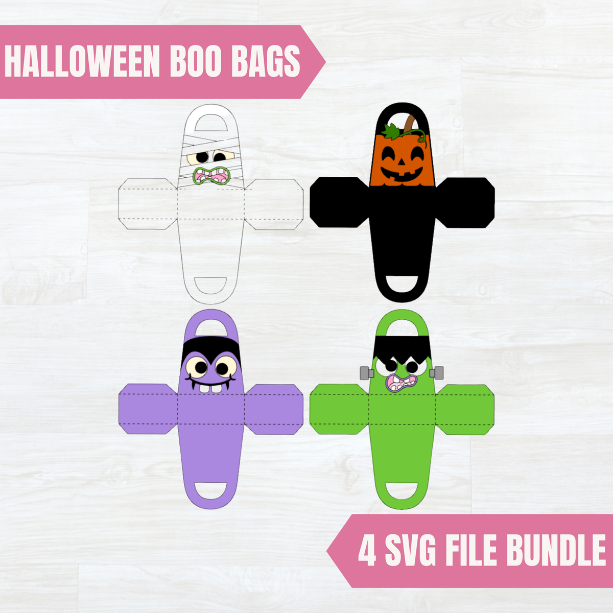 Halloween boo bag SVG bundle with mummy, pumpkin, vampire, and Frankenstein treat bag cut files
