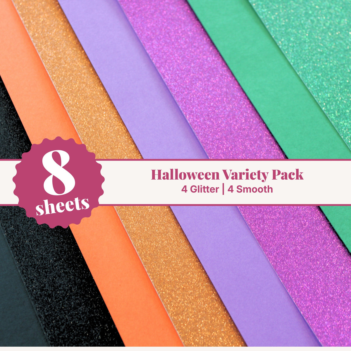 Halloween cardstock variety pack, 8 sheets of 12x12 cardstock with 4 glitter and 4 smooth sheets in orange, purple, green, and black