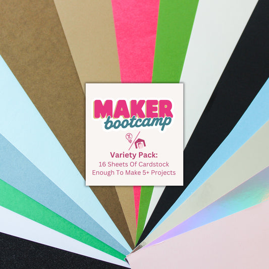 Maker Bootcamp cardstock variety pack — 16 fanned 12x12 sheets with silver, holographic and black glitter