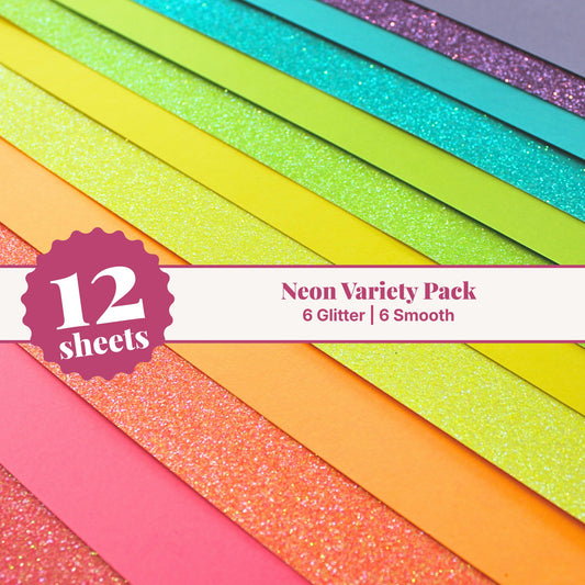 Neon cardstock variety pack, 12 sheets of 12x12 cardstock with 6 glitter and 6 smooth sheets in bright neon colors
