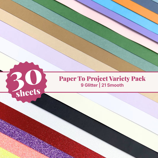 Paper to Project cardstock variety pack, 30 sheets of 12x12 cardstock with 9 glitter and 21 smooth sheets in assorted colors
