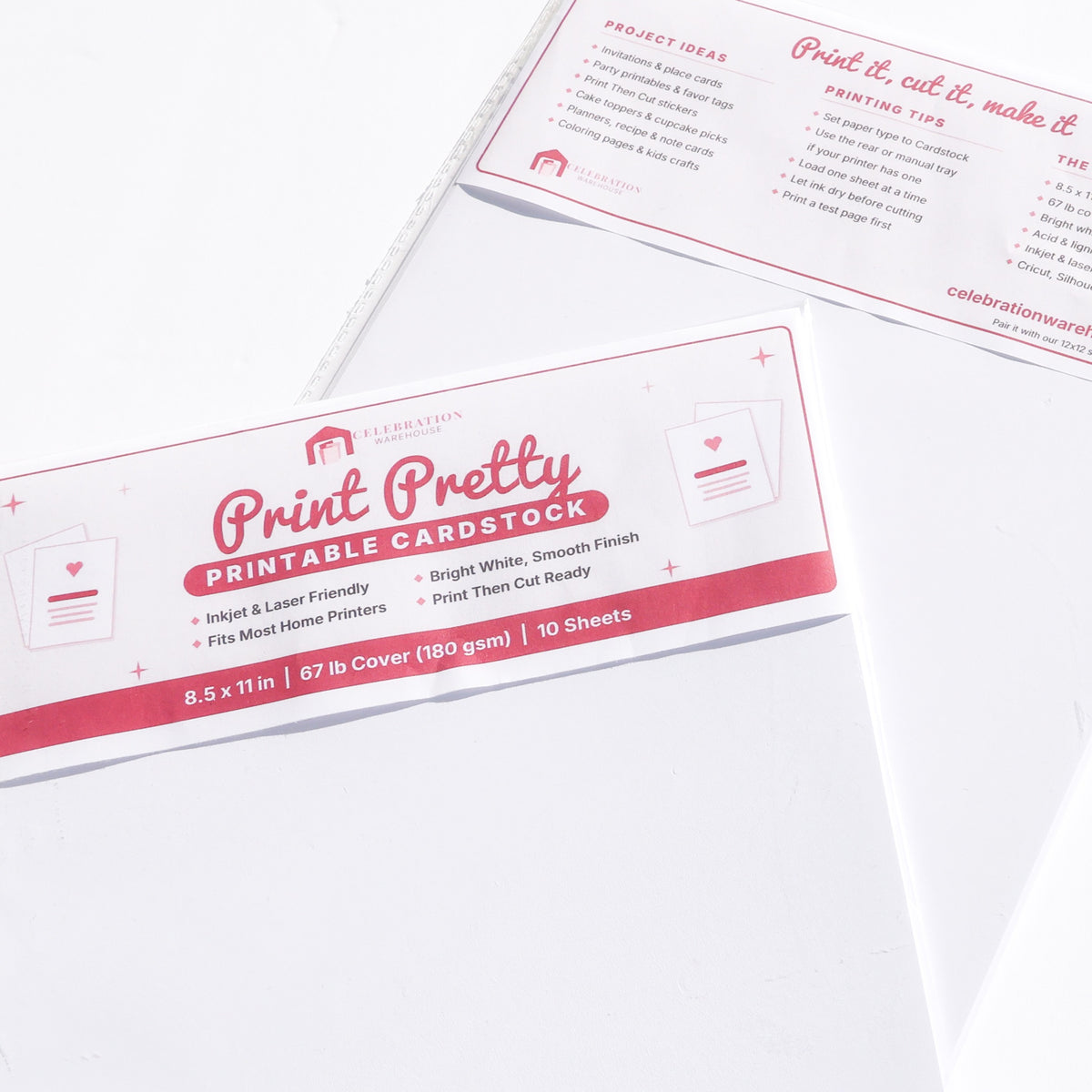 Printable cardstock 8.5x11 10-pack of white 67lb cardstock in a clear bag with Print Pretty header card