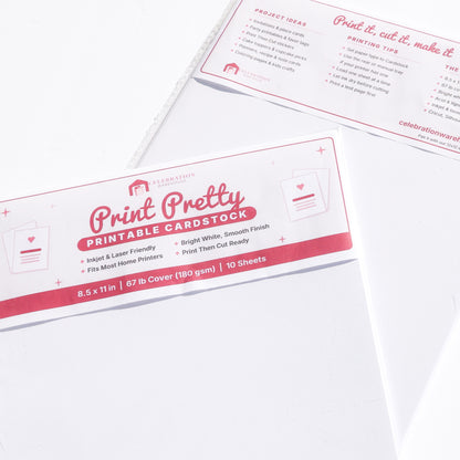 Printable cardstock 8.5x11 10-pack of white 67lb cardstock in a clear bag with Print Pretty header card