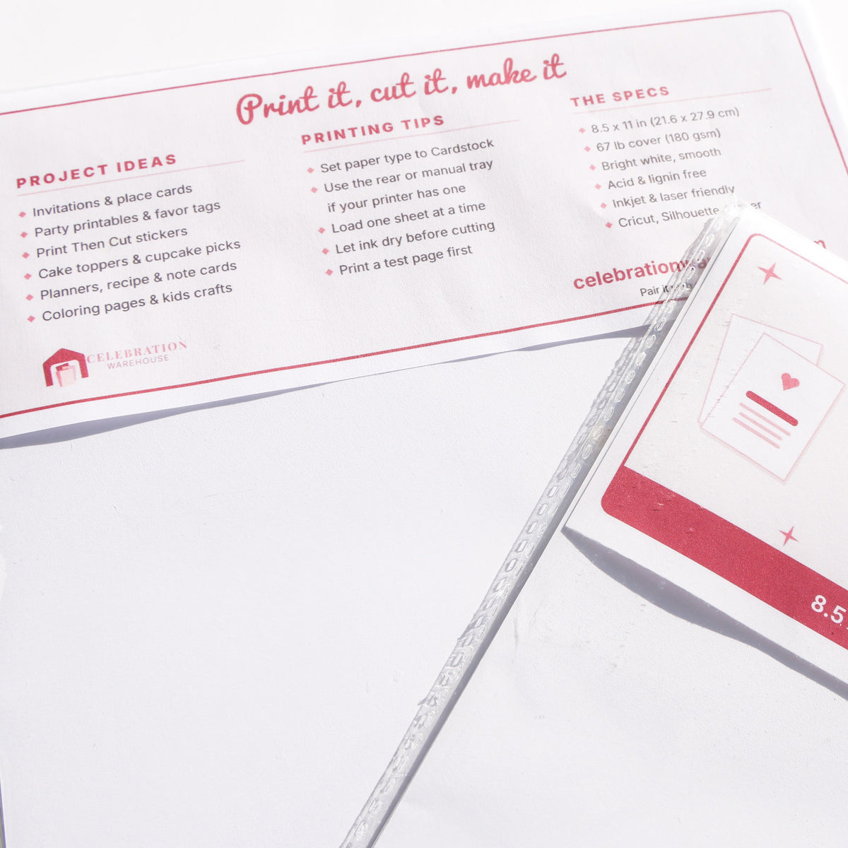 Back of the printable cardstock header card with project ideas, printing tips, and specs