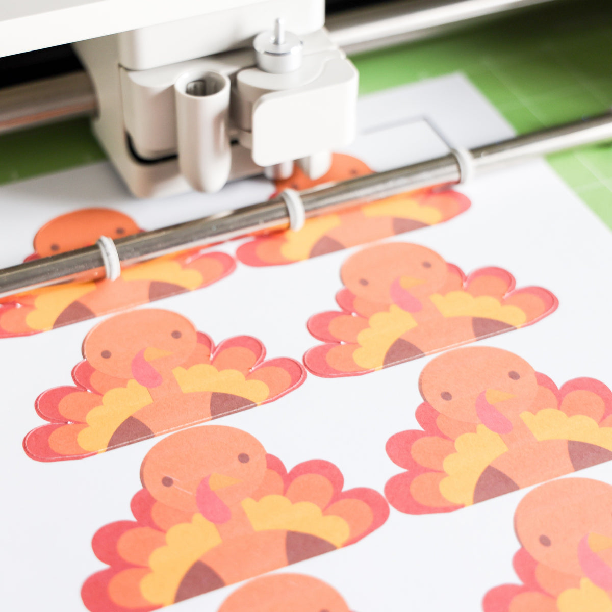 Cricut cutting printed turkey designs from white 8.5x11 printable cardstock