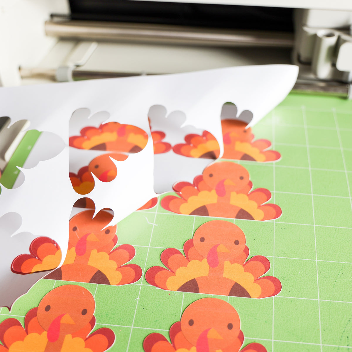 Peeling printable cardstock away from clean Print Then Cut turkey cutouts on a Cricut mat