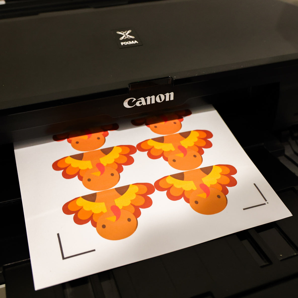 White 8.5x11 cardstock coming out of a Canon home inkjet printer with printed turkey designs