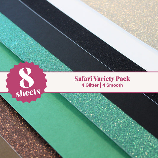Safari cardstock variety pack, 8 sheets of 12x12 cardstock with 4 glitter and 4 smooth sheets in jungle green, brown, black, and cream