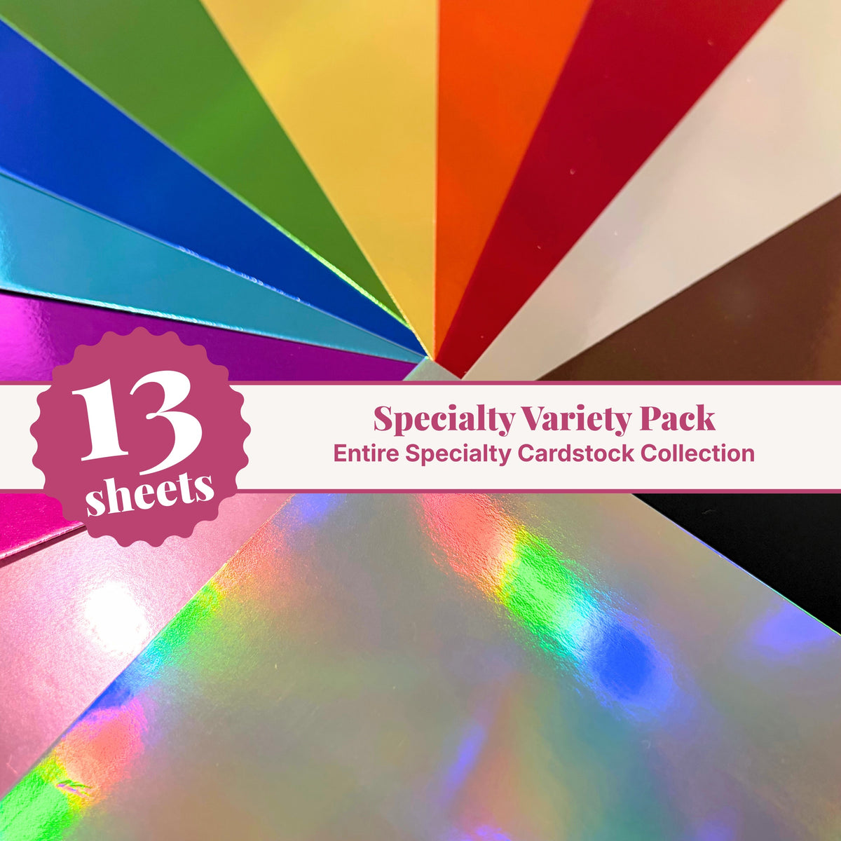 Specialty cardstock variety pack, 13 sheets of 12x12 mirror and holographic cardstock, the entire specialty collection
