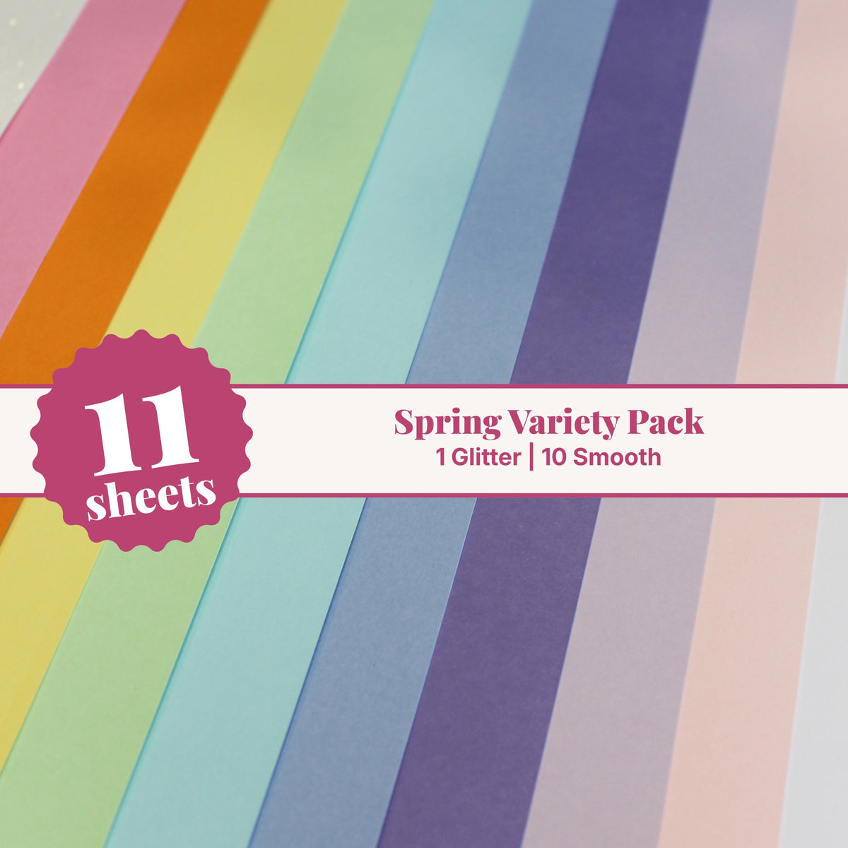 Spring cardstock variety pack, 11 sheets of 12x12 cardstock with 1 glitter and 10 smooth sheets in soft pastel colors