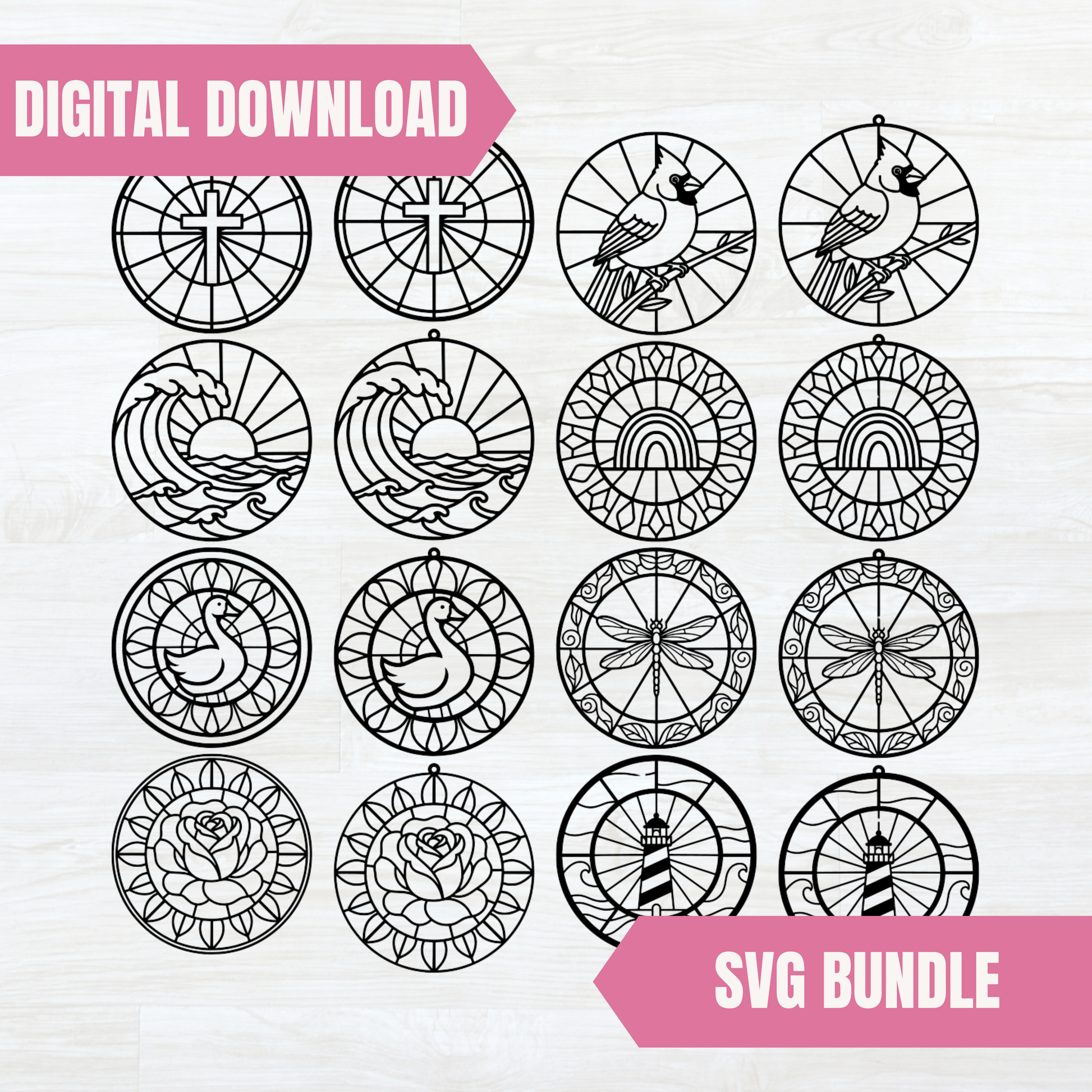 Stained glass SVG bundle of 8 designs with hanging option digital download