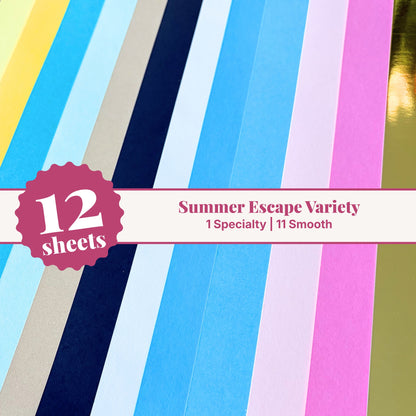 Summer Escape cardstock variety pack, 12 sheets of 12x12 cardstock with 1 gold specialty and 11 smooth sheets in blue, navy, pink, and yellow