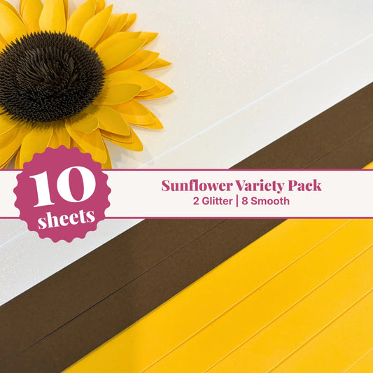Sunflower cardstock variety pack, 10 sheets of 12x12 cardstock with 2 glitter and 8 smooth sheets in sunflower yellow, brown, and white glitter, shown with a paper sunflower