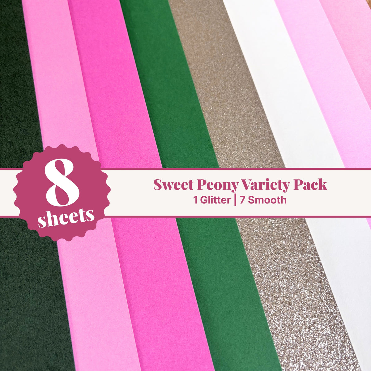 Sweet Peony cardstock variety pack, 8 sheets of 12x12 cardstock with 1 glitter and 7 smooth sheets in peony pinks, green, and white