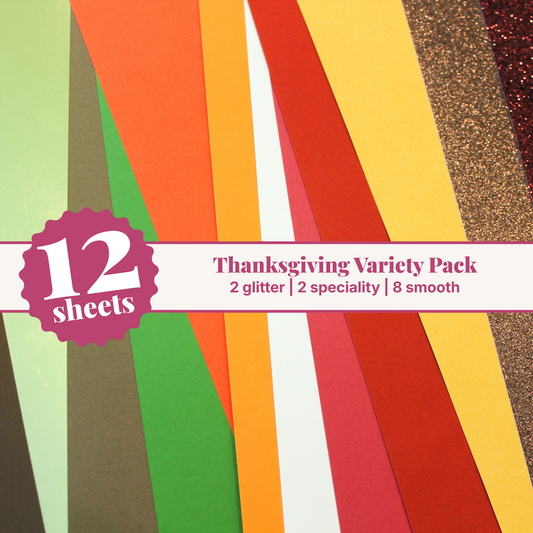 Thanksgiving cardstock variety pack — 12 fanned 12x12 sheets with dark red wine and brown glitter, gold specialty, and autumn solids