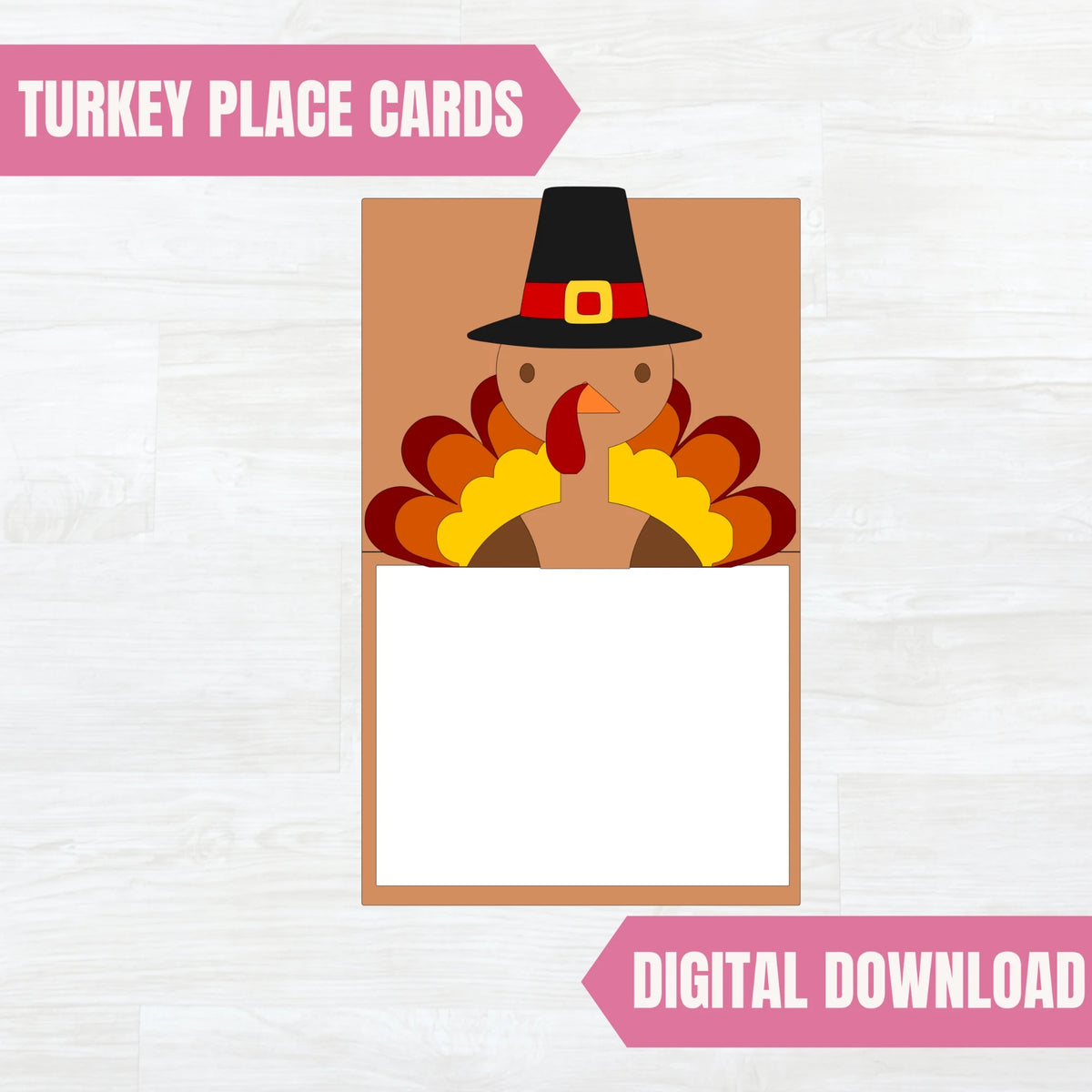 Turkey place cards SVG digital download, a turkey in a Pilgrim hat over a tent place card with a white name panel
